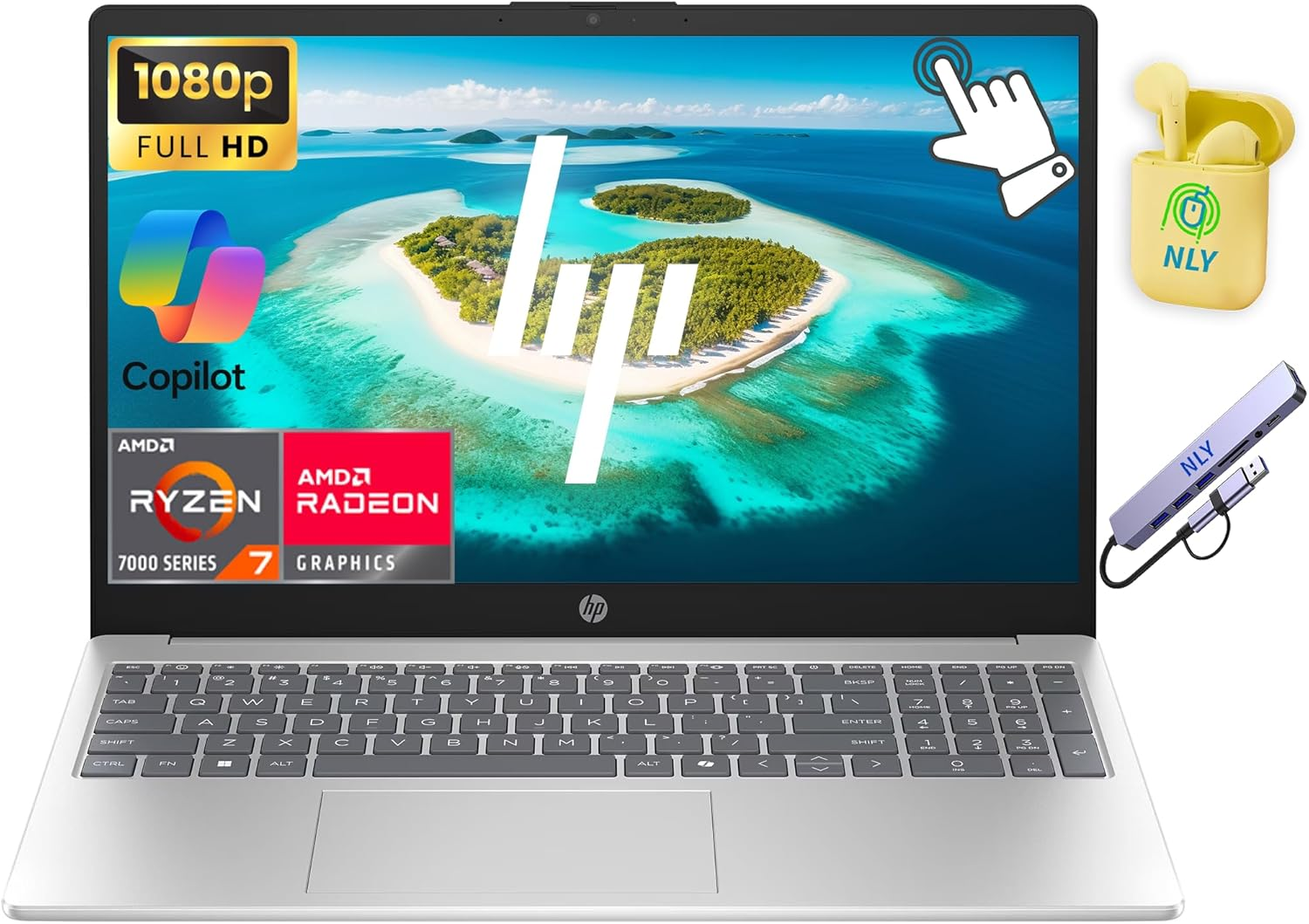 HP 15.6" FHD Touchscreen Business Laptop Computer, 8-Core AMD Ryzen 7 Processor, 12GB RAM 512GB Storage (256GB SSD+256GB Docking Set), AMD Radeon Graphics, Windows 11, NLY Earphones, Natural Silver